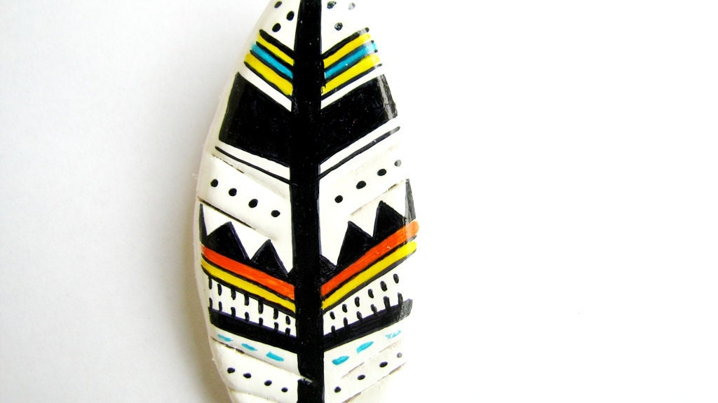 Multicolor hand painted feather brooch - yellow , orange and blue geometric pattern air-dried clay