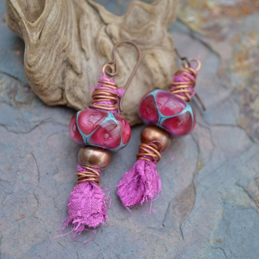 Aladdin's Lamp Sari Silk and Lampwork Glass Earrings - KristiBowmanDesign