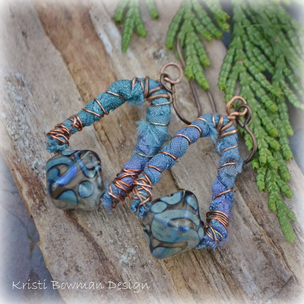 Blue Scrolls Lampwork Glass and Sari Silk Earrings