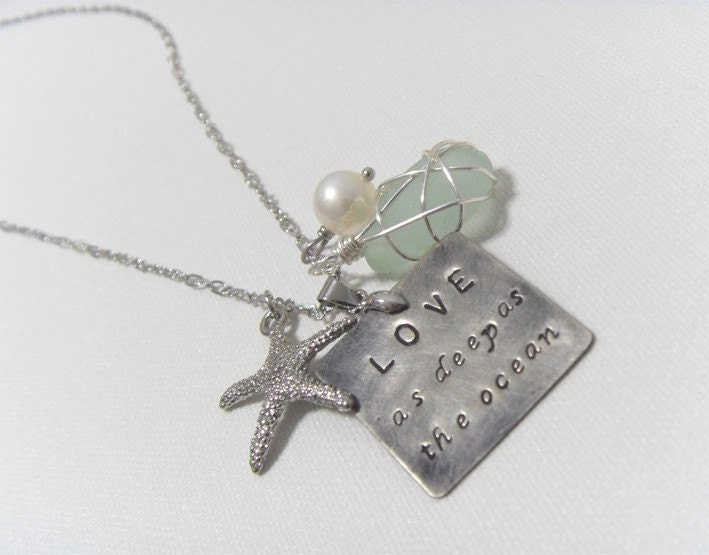 Love as deep as Ocean. starfish, coral, shell, sea glass, pearl, crystal necklace