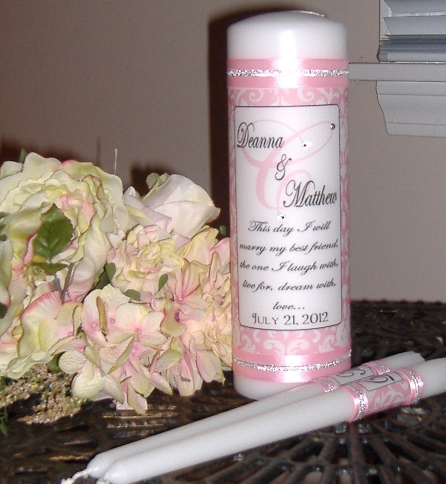 Monogram Unity Candle Set - Pink Damask with Crystals - personalized