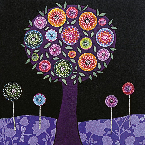 Purple Tree Abstract Painting Art Print on Wood Modern Collage
