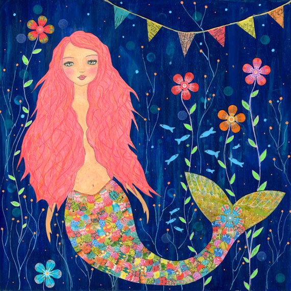 Pink Mermaid Painting, Whimsical Mermaid Nursery Decor, Children Decor Art Print on Wood by Sascalia