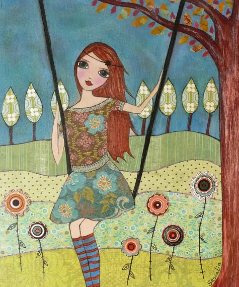 Folk art Girl Painting Art Print Block Whimsical Girl on Garden Swing