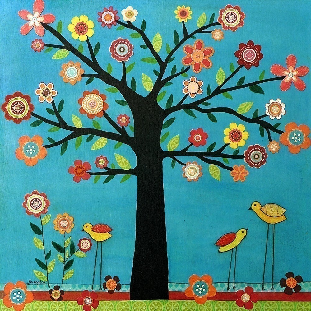 Retro Flowering Tree Art Print - Sunshine