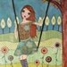 Folk art Girl Painting Art Print Block Whimsical Girl on Garden Swing