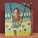 Folk art Girl Painting Art Print Block Whimsical Girl on Garden Swing
