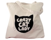 CRAZY CAT LADY Tote Bag - Cat Silhouette on a Natural Canvas Bag
