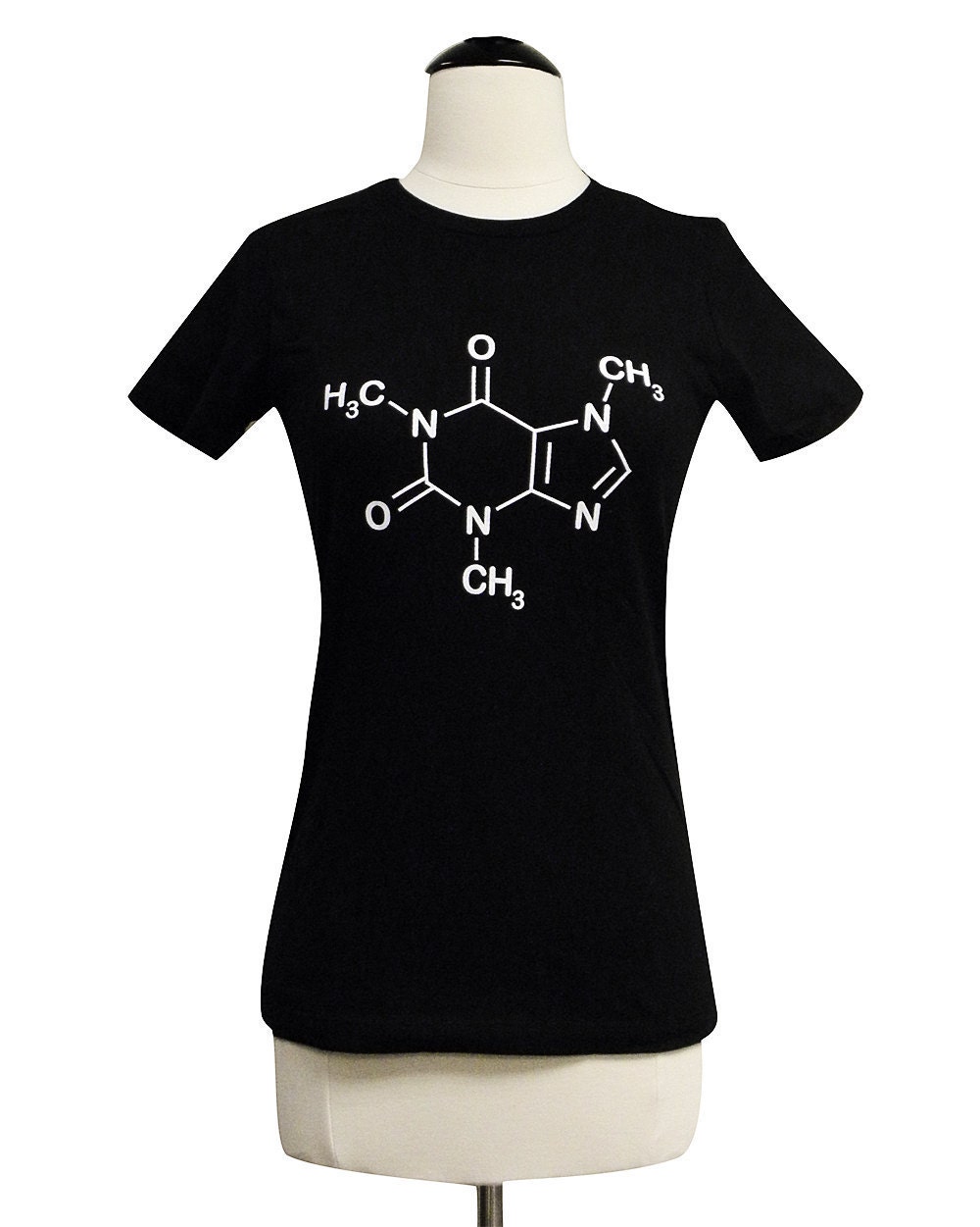 Women's  T-shirt -  Caffeine Molecule print on a Black Ladies T Shirt(Available in sizes S, M, L, XL)