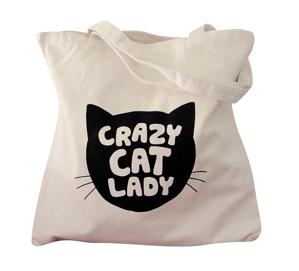 CRAZY CAT LADY Tote Bag - Cat Silhouette on a Natural Canvas Bag