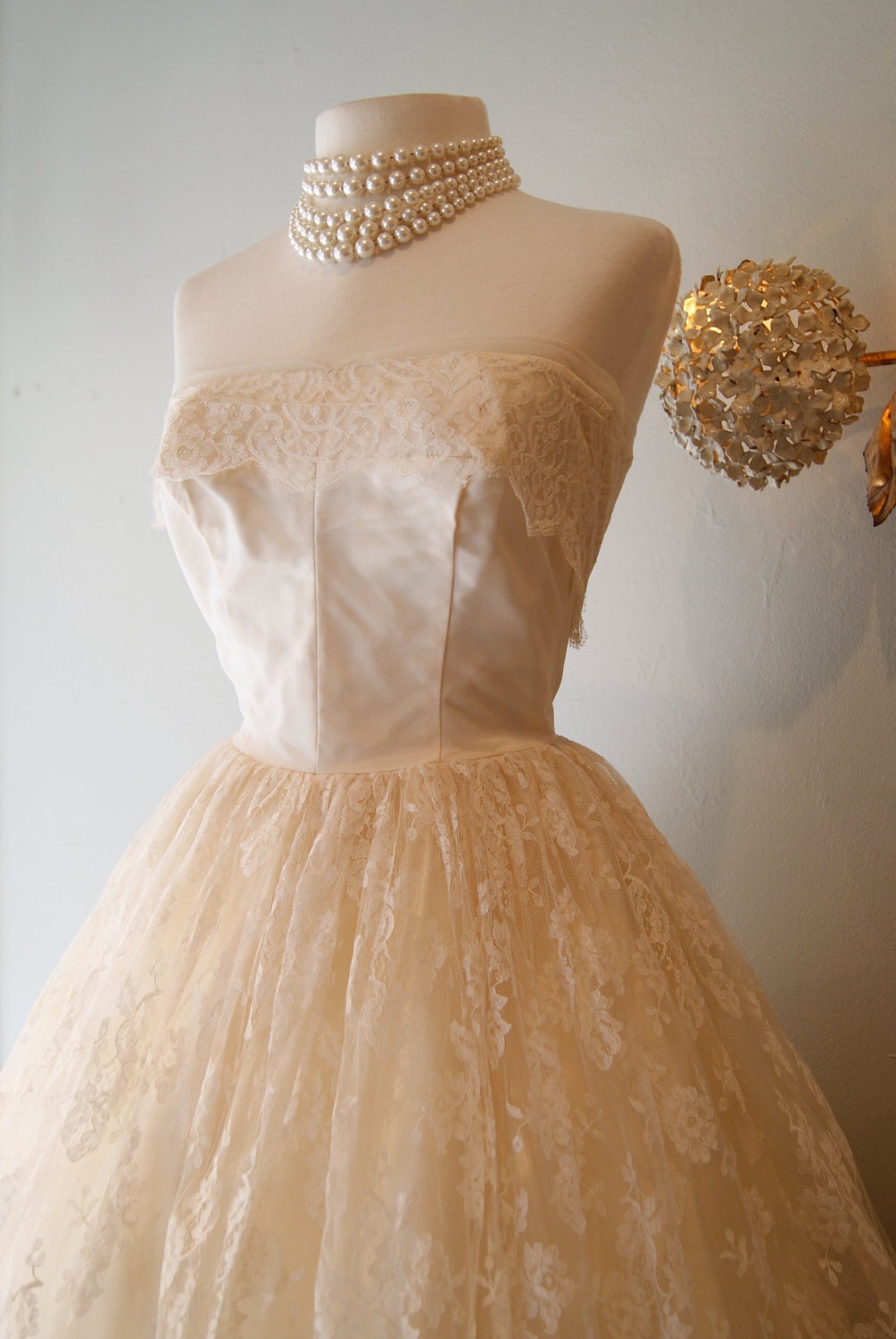 Vintage 50s Tea Length CUPCAKE Couture Wedding Dress Strapless Ivory LACE Designed by Marie