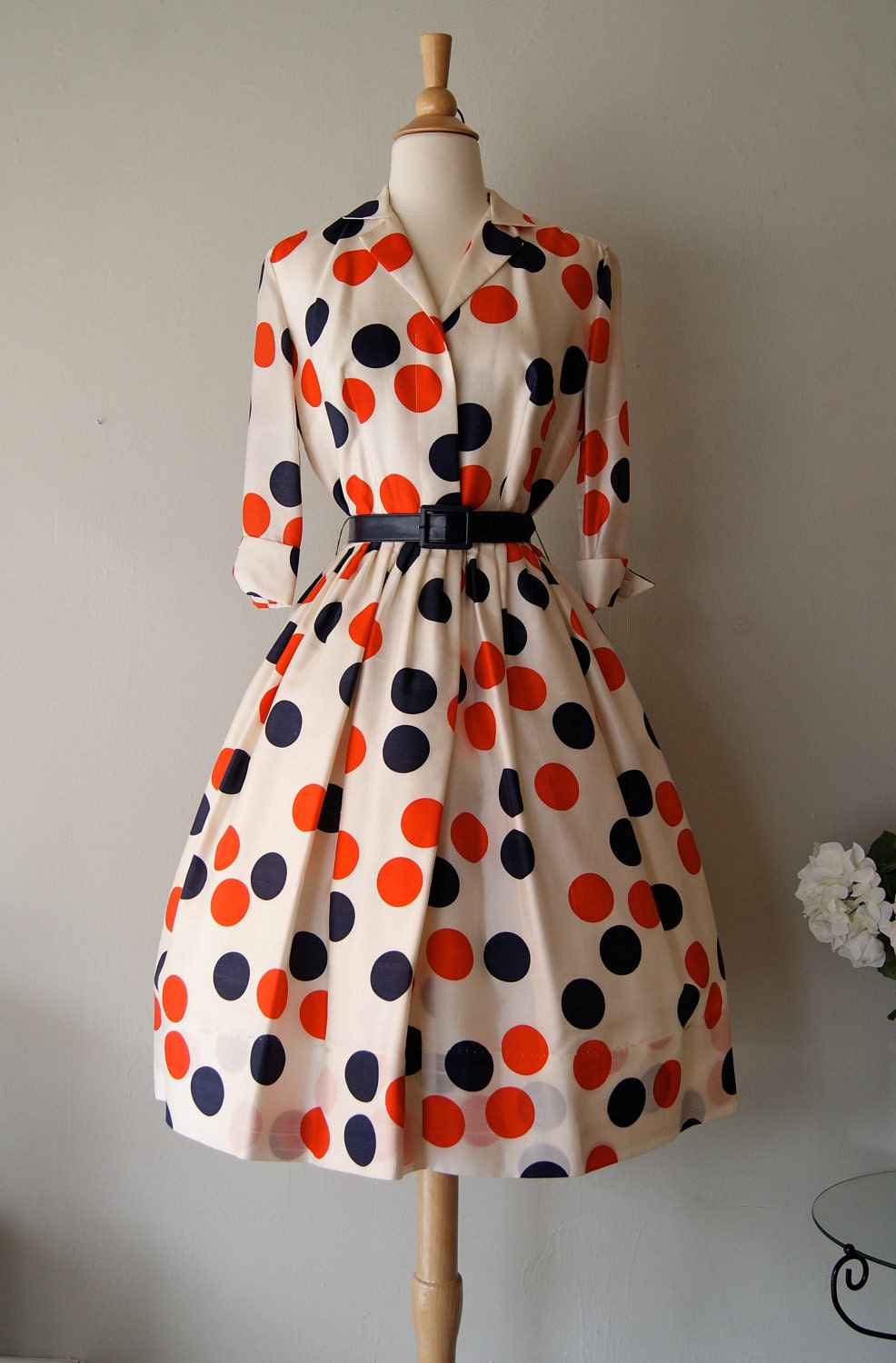 FABULOUS 1950's Silk Polka Dot Print Dress by Miss Brooks Red White and Blue Dots
