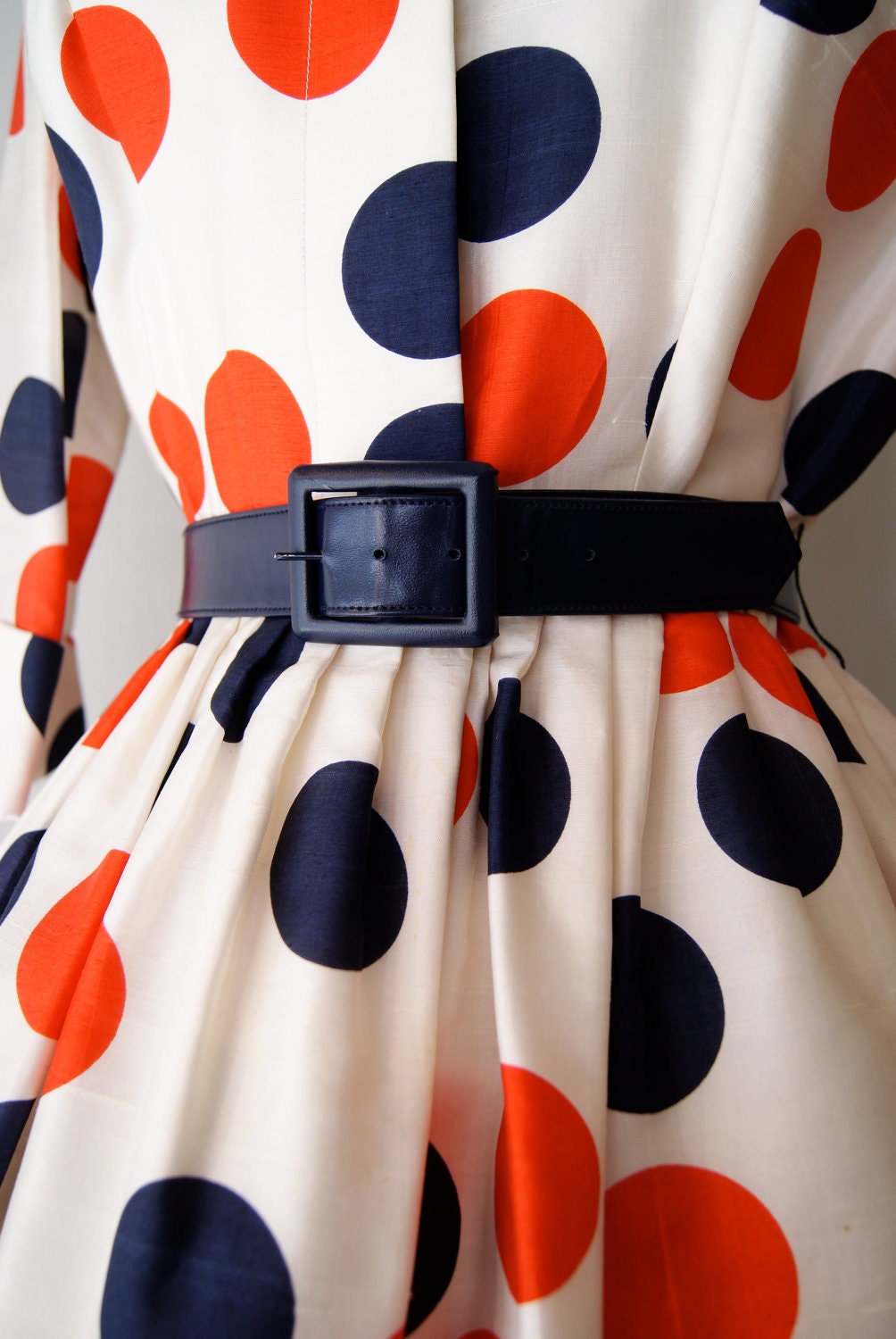 FABULOUS 1950's Silk Polka Dot Print Dress by Miss Brooks Red White and Blue Dots