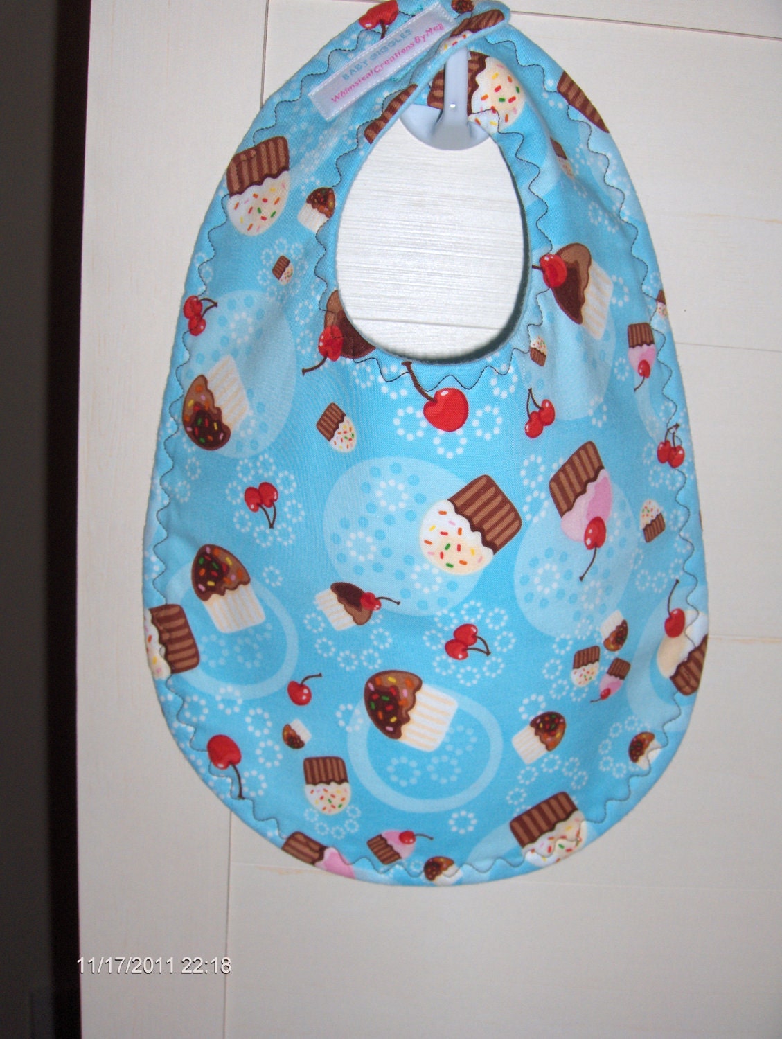 SALE - XL Baby Boy or Girl Bib - Robert Kaufman's Blue "Confections Cupcakes" Cotton, Flannel & Terrycloth  - - Baby Shower Gift