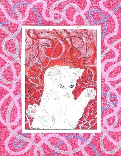 RED RIBBON KITTY DANCING WITH A MICRO PAPER MOSAIC BORDER