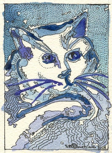 Blue and White Watercolor Sketch of White Kitty ACEO from Theodora