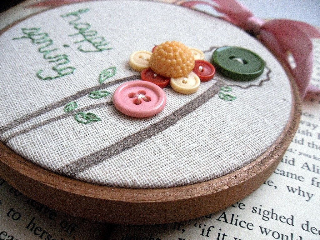 Hand Embroidered Happy Spring Needlework Vintage Button Hoop - Great Gift by TheCareerScrapper on Esty