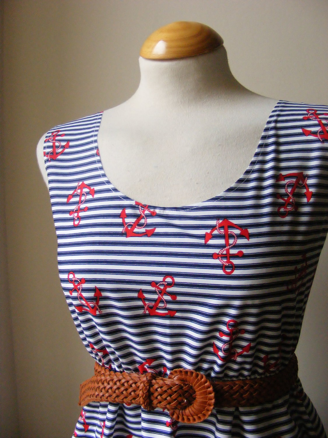 Nautical Anchors Away BoHo Navy White and Red Striped Dress / Handmade / Choose Your Size