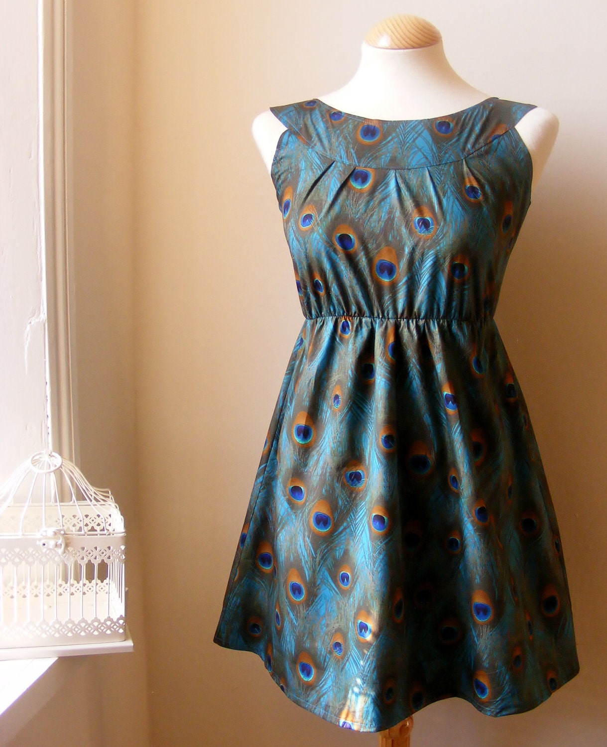 New Design..Jennifer Lilly Handmade Beautiful Peacock Dress Gathered Dress in Teal // Spring Vintage Whimsical Woodland Dress (XS)