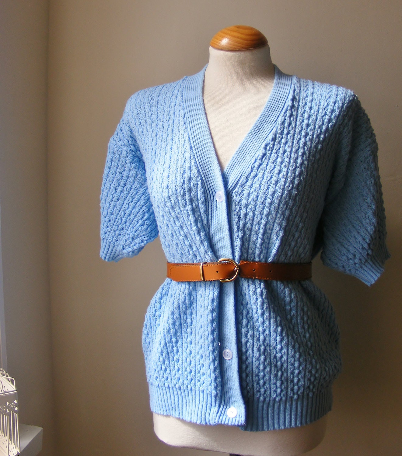 Beautiful Pale Sky Blue Textured Boho Vintage Soft Short Sleeved Cardigan // Bohemian Whimsical Spring Knitwear (Large) Can Fit Many Sizes