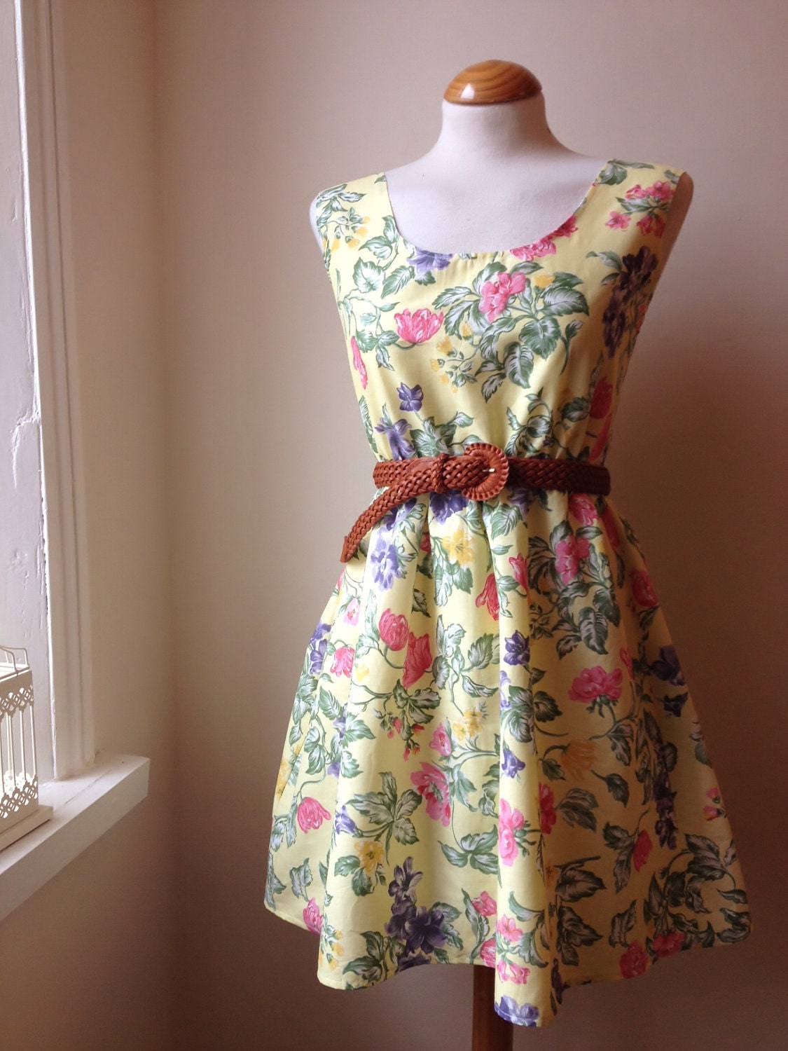 Jennifer Lilly Handmade Beautiful Lemon Yellow Ornate Floral Cotton Dress // Boho Spring Vintage Whimsical Dress (XS,S,M,L,XL)