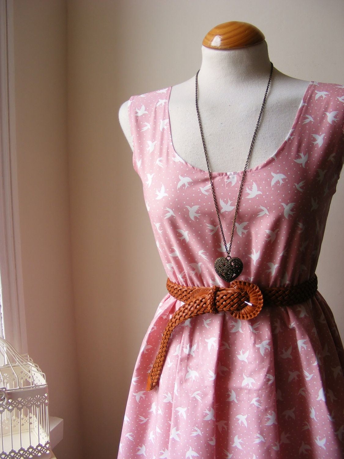 Jennifer Lilly Handmade Bohemian Beautiful Pink and White Bird Spotty Cotton Dress // Boho Vintage Whimsical Kitsch Dress (XXL)