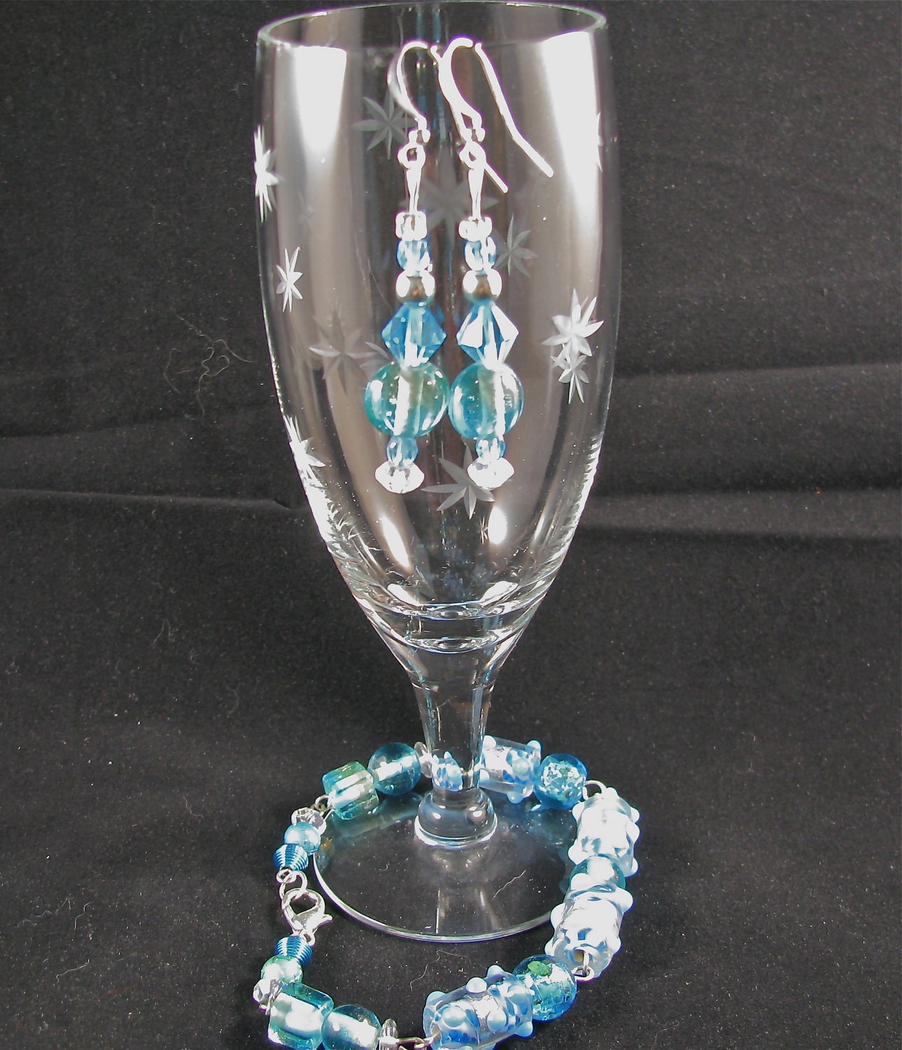 30% OFF Sky blue and silver earrings and bracelet set w/ cupcake and czech beads
