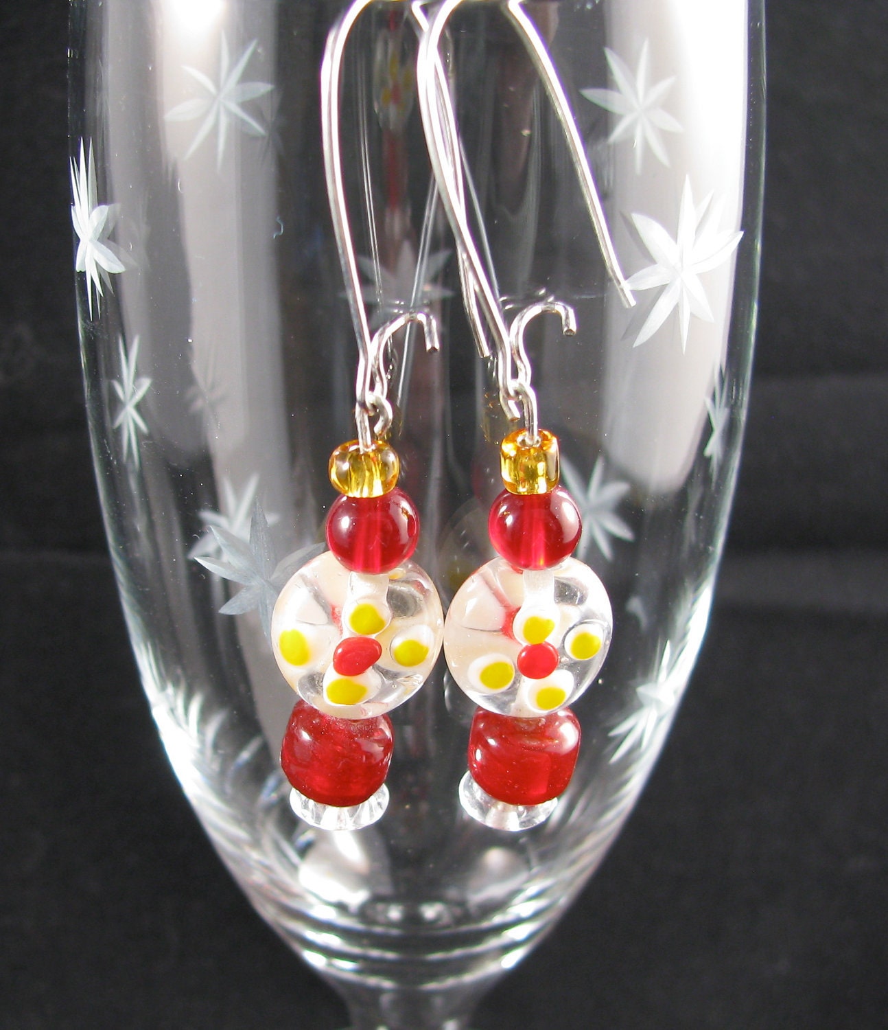 Lampwork glass flower earring scarlet red and lemon yellow