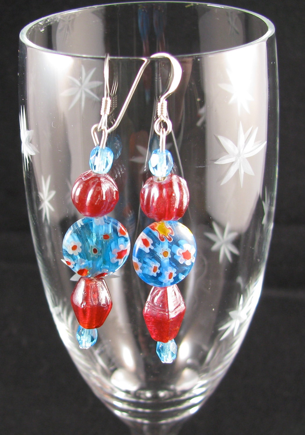 Venetian millefiori glass earrings sky blue and red silver
