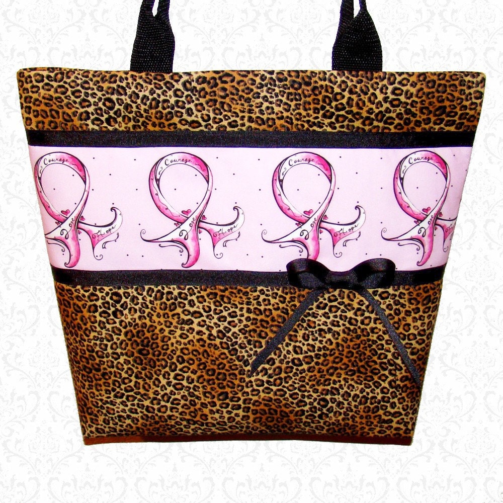 Breast cancer ribbon leopard print tote bag large purse