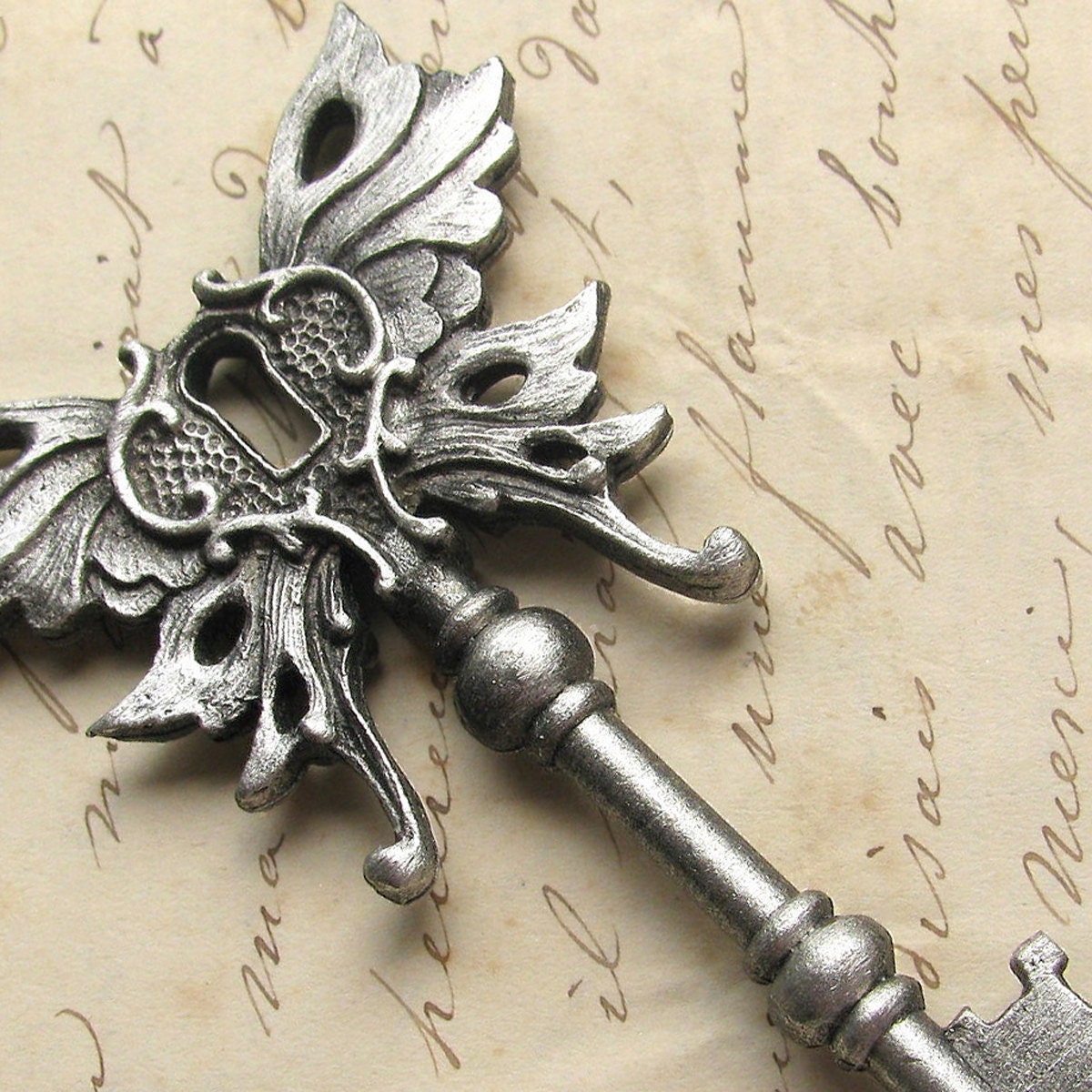 Skeleton key Art Nouveau Winged pendant PEWTER