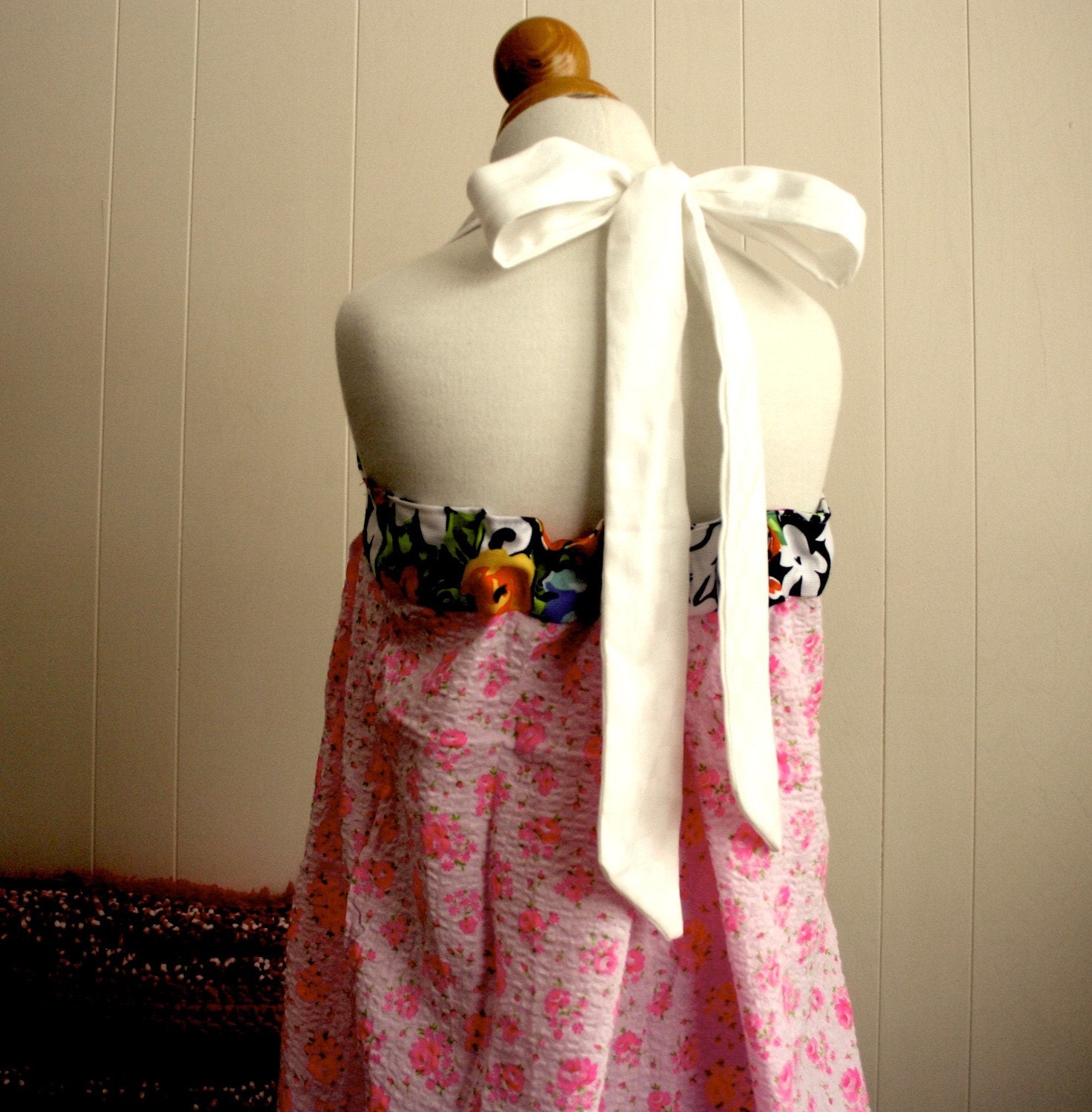 Hot Pink Seersucker Dress with Handmade Doily, 4 to 6 years old