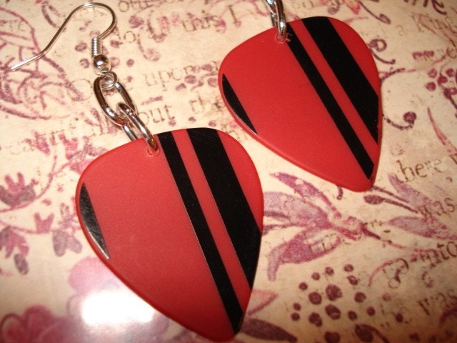 RED AND BLACK STRIPED GUITAR PICK EARRINGS
