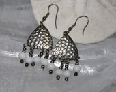 ON SALE, 1980 Earrings, Dangle, Silver toned Metal white glass beaded, pierced, 2-1/4" drop  Vintage earrings