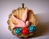 Lilac Bird and Blossoms Wooden Necklace