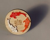 Wooden Red, Orange, White Koi Brooch - "Koi Dreams"