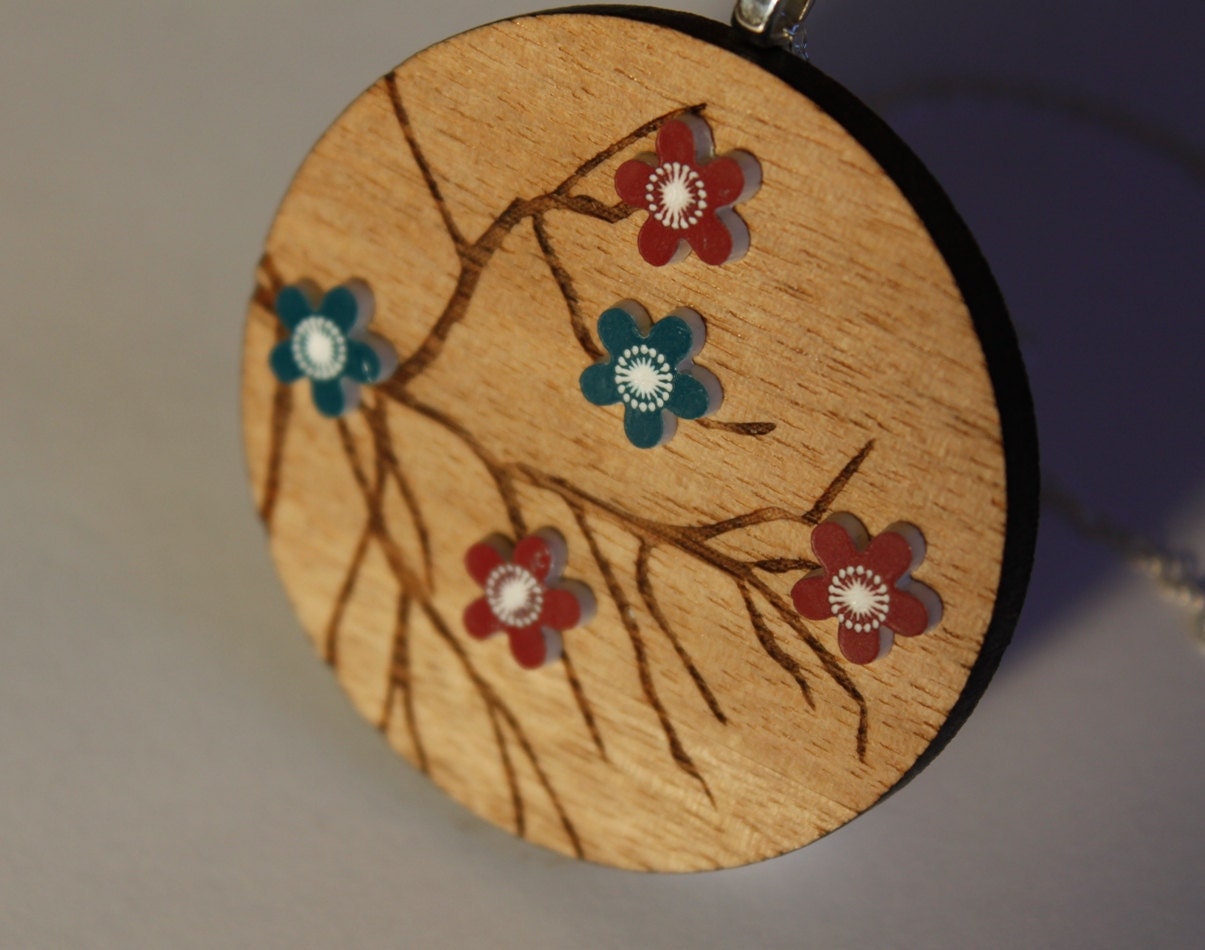 Wooden Teal and Maroon Flower Tree Necklace