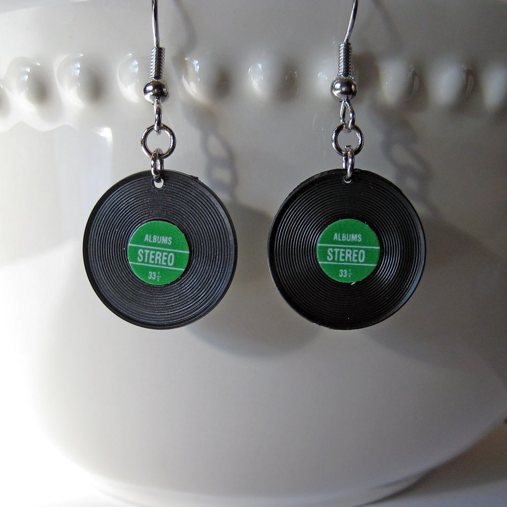 Miniature Vinyl Record Earrings - Green Label - Surgical Stainless Steel Dangles