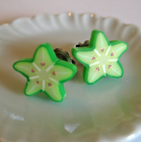 Miniature Food Jewelry - Star Fruit Slice Earrings - Polymer Clay