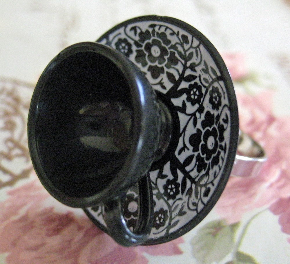 Black and White Victorian Tea Cup Adjustable Ring