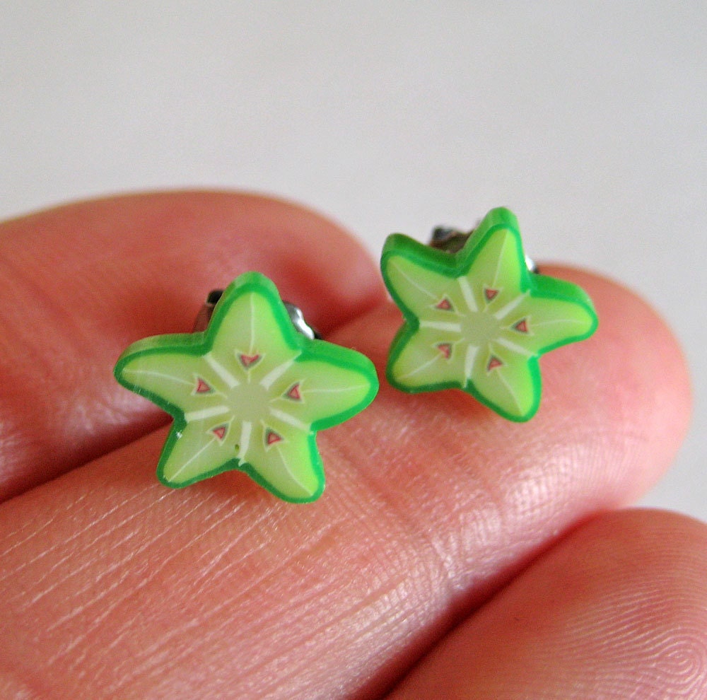 Miniature Food Jewelry - Star Fruit Slice Earrings - Polymer Clay