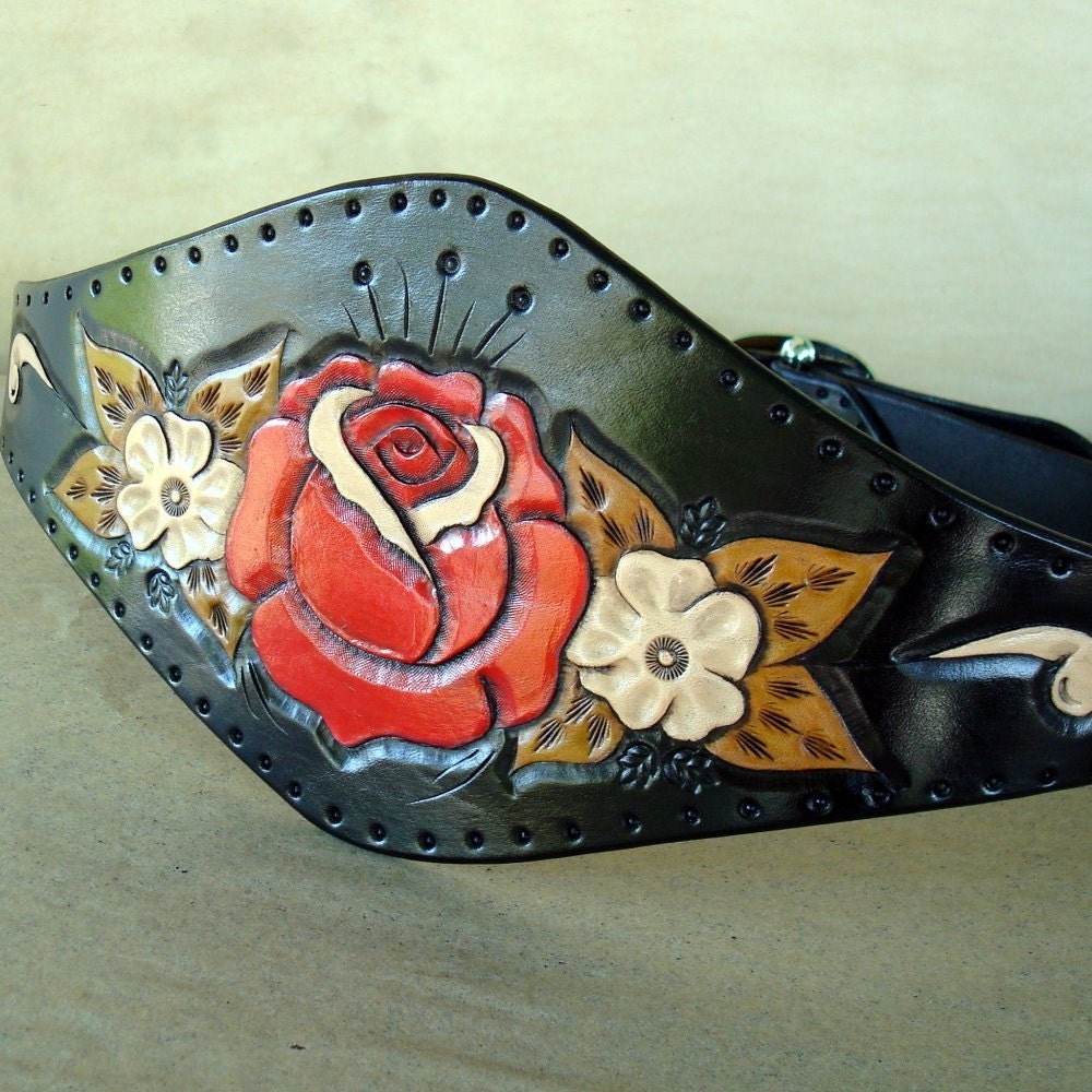 Midnight Rose ..........Hand Tooled Black Leather Wide Waist Cincher Belt