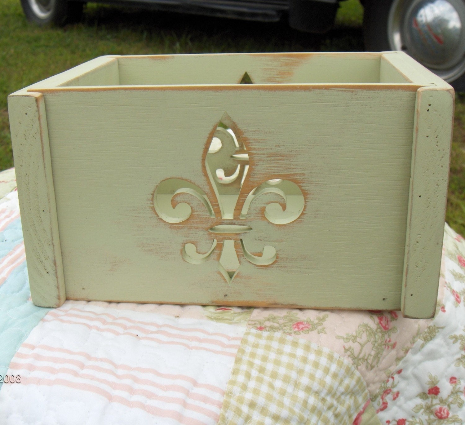 Small Sage Green Distressed Decorative Fleur de Lis Wooden Box