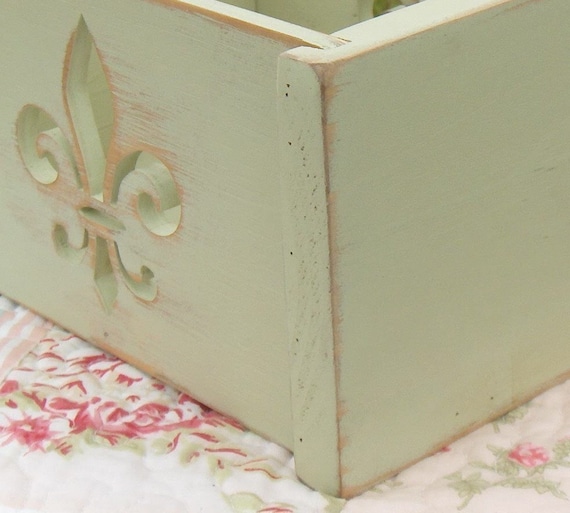 Small Sage Green Distressed Decorative Fleur de Lis Wooden Box