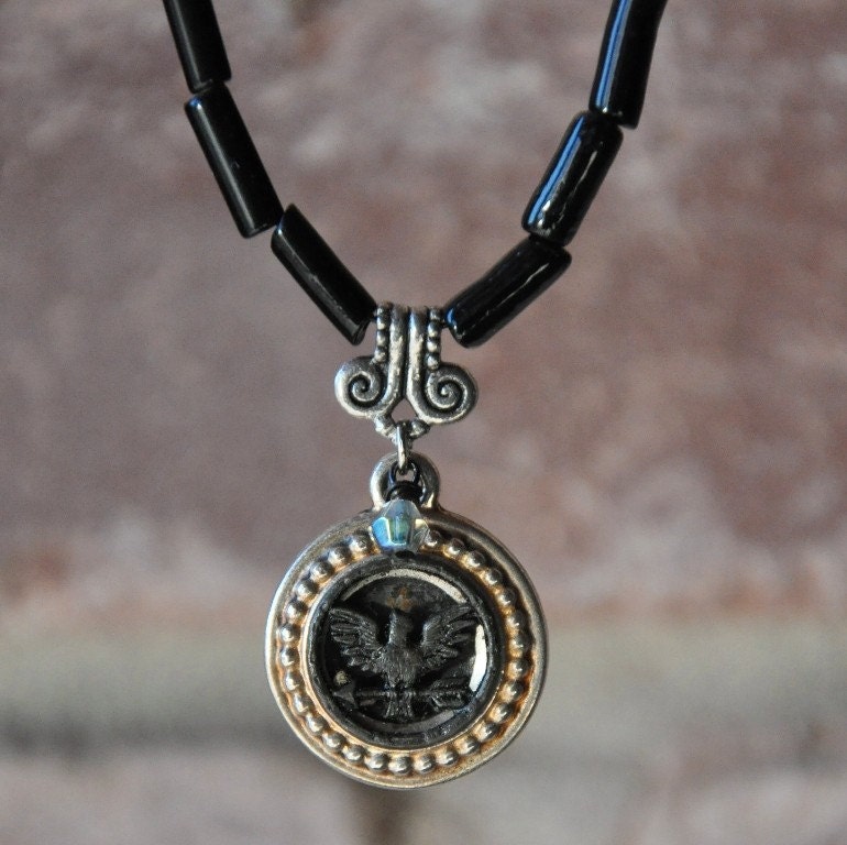 Antique military button and onyx necklace