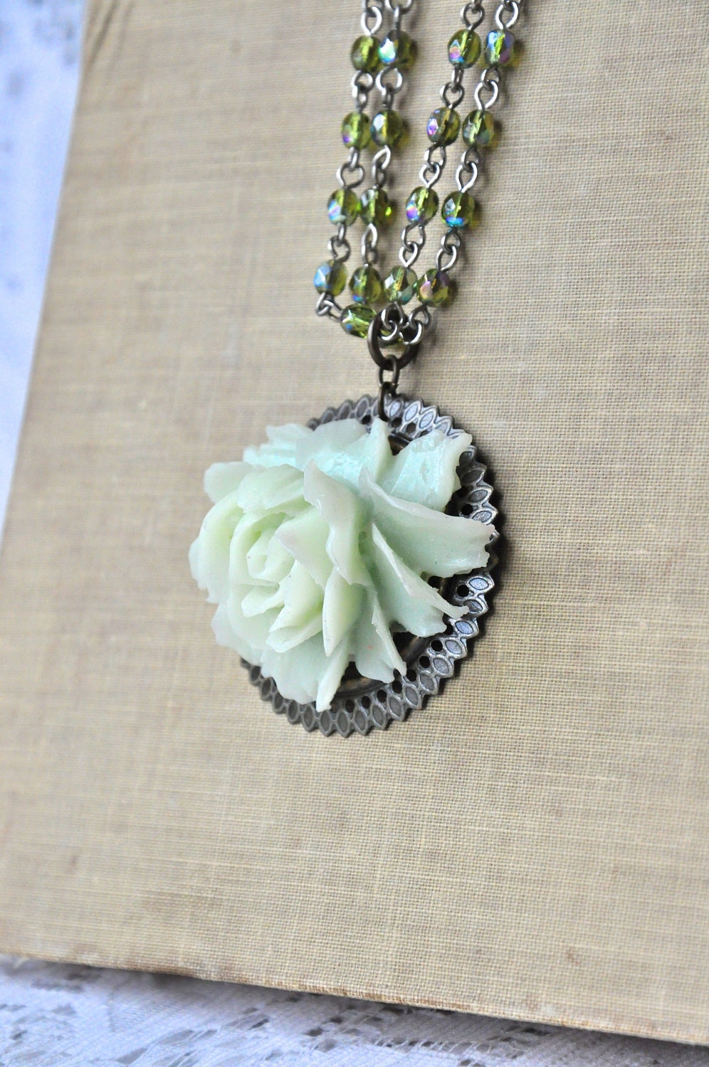 Vintage Green Rose Necklace