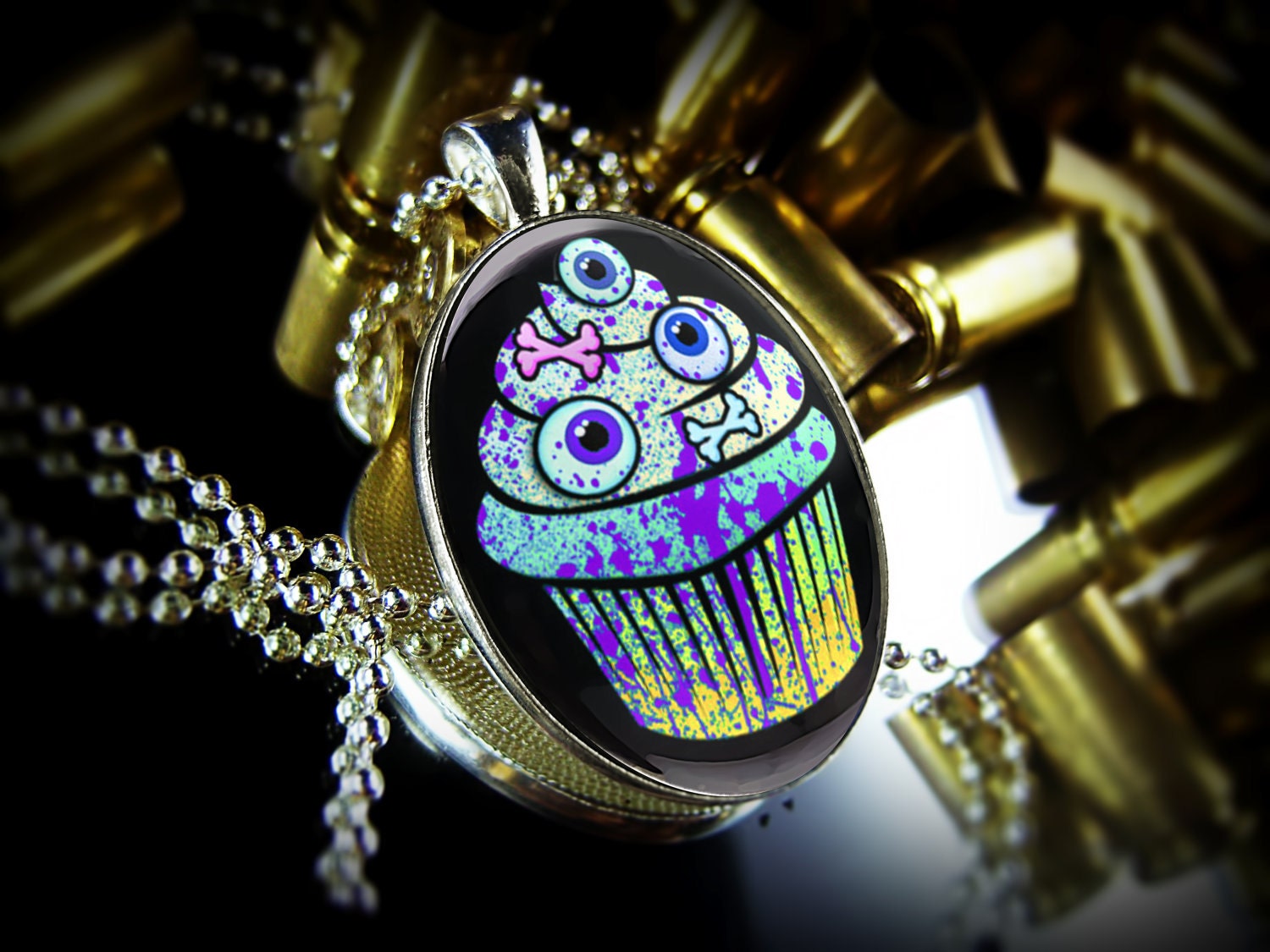 Evil Zombie Cupcake Halloween Candy Monster Silver Horror Necklace 432-LSO