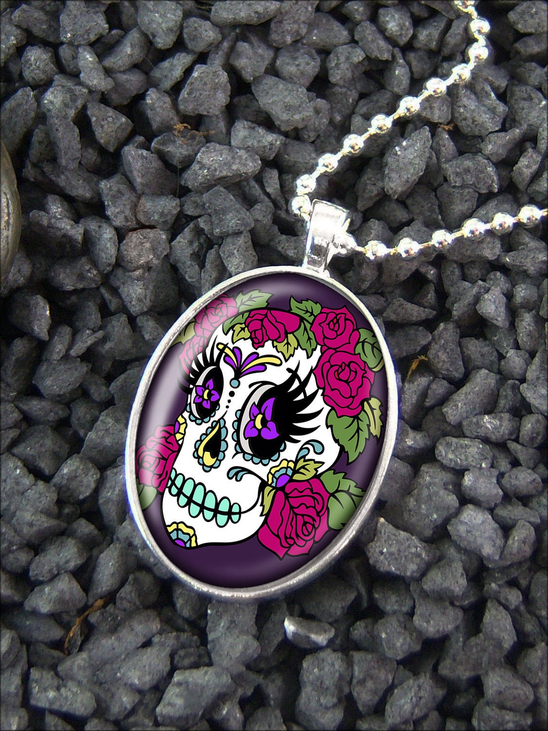 Day of the Dead Girl Muertos Sugar Skull Silver Oval Pendant Necklace 322-SSO