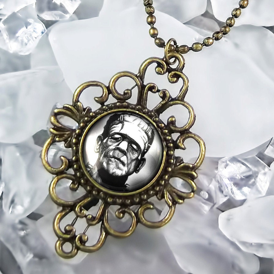 Ornate Frankenstein Horror Movie Monster Halloween Antique Bronze Necklace 70-AF