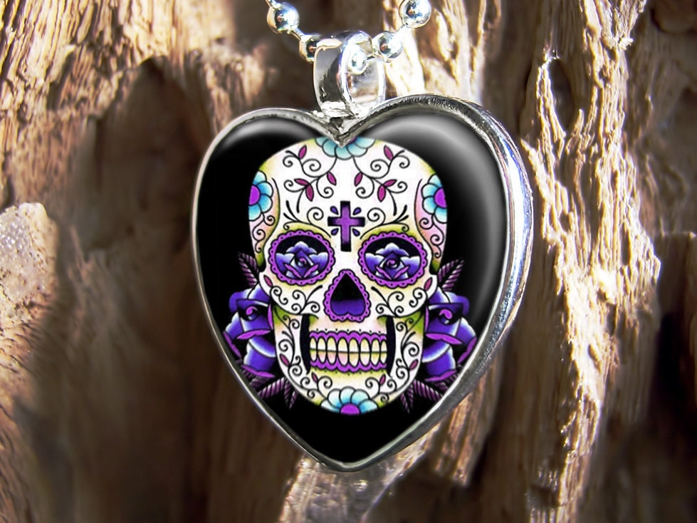 Dia De Los Muertos Purple Tattoo Skull Silver Heart Punk Rock Necklace 65-3-HF